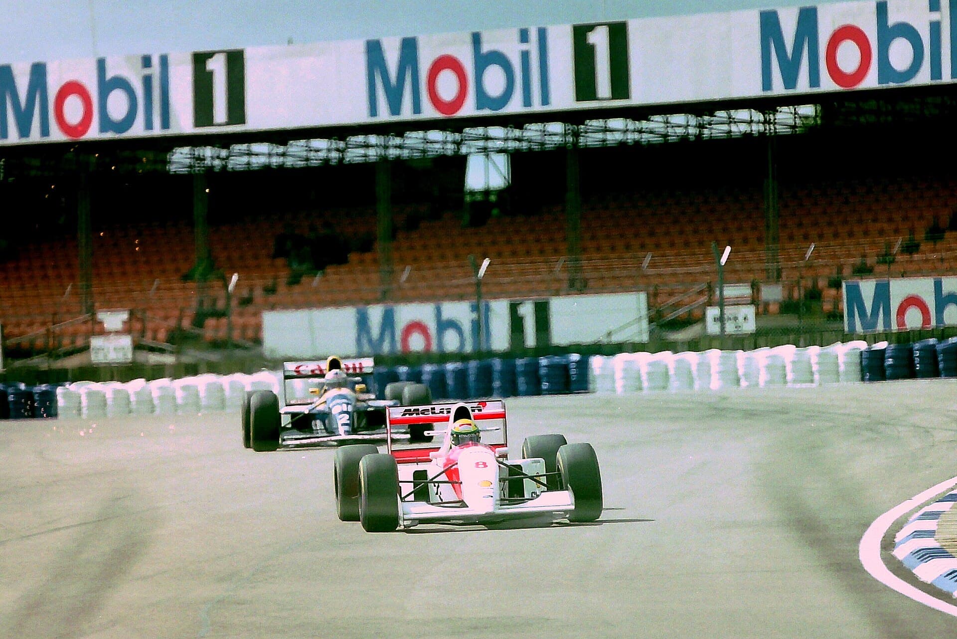 Ayrton Senna's McLaren and Alain Prost's Williams at Silverstone in 1993