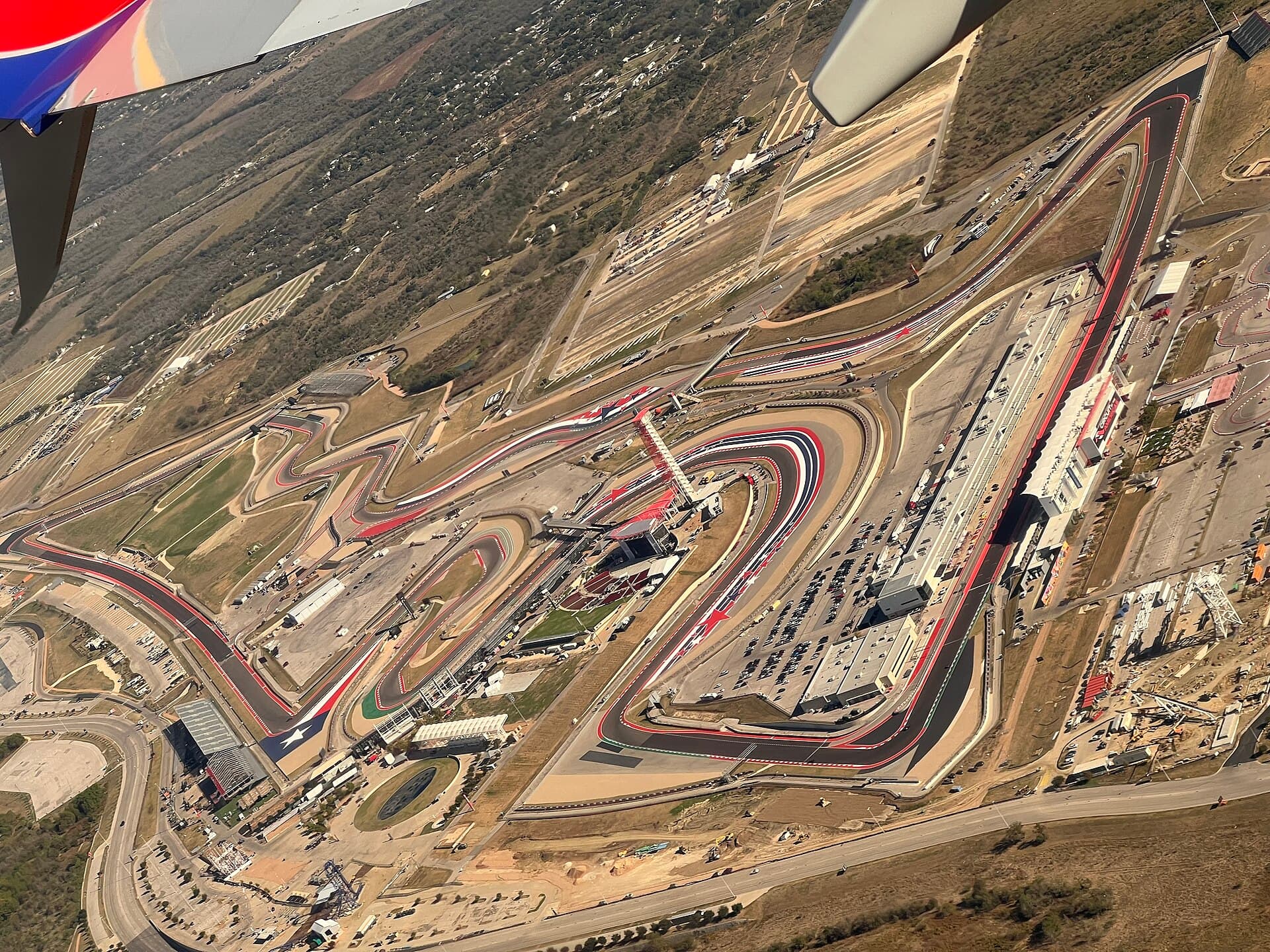 Aerial view of the Circuit of the Americas in Austin, seen from a plane