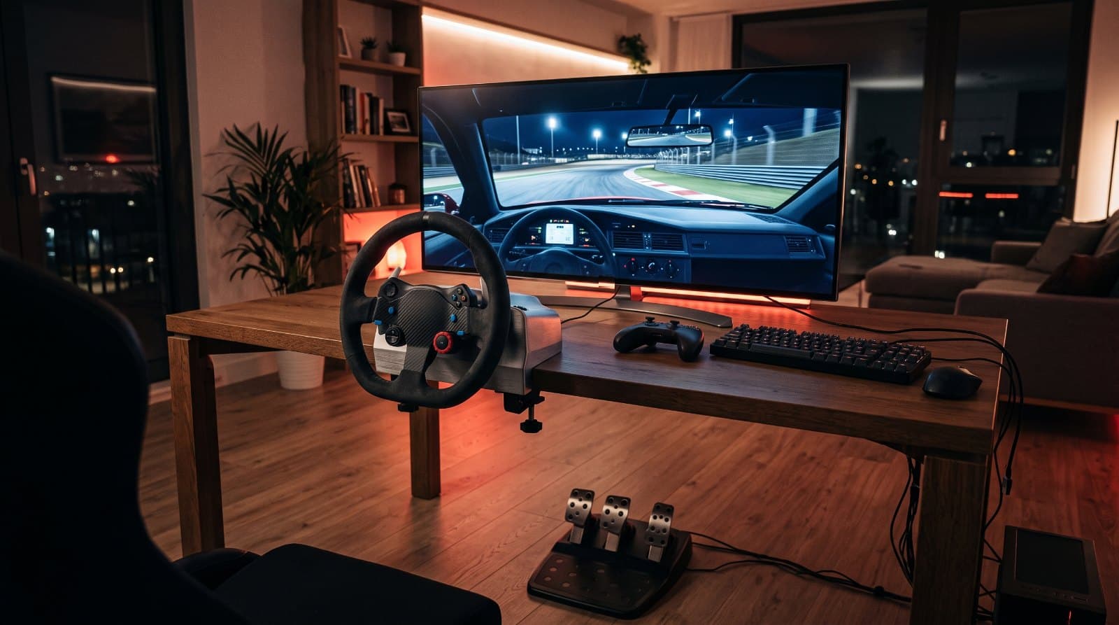 Home sim racing setup: a wheel with its base clamped to the desk, pedals on the floor and a screen showing a circuit at night