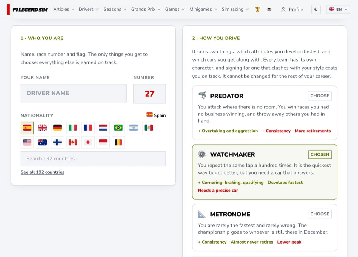 Creating a driver in The Racing Line: name, race number, nationality and driving style